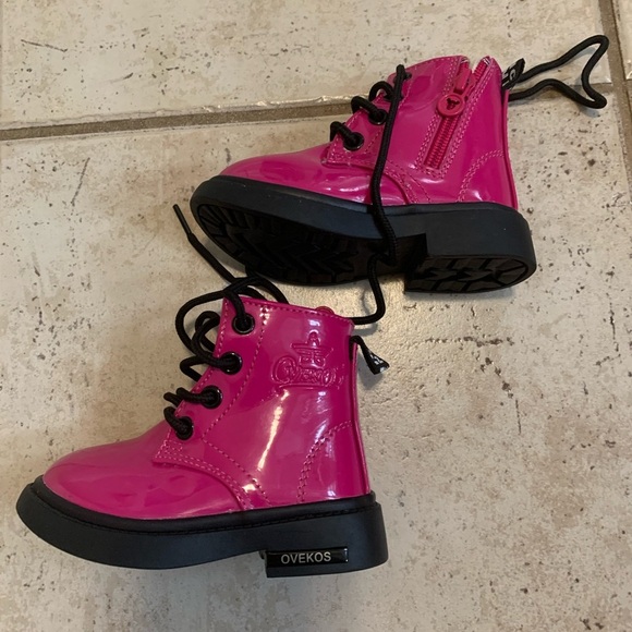 🎀 OVEKOS Hot Pink Patent Fur Lined Toddler Combat Boots EU 20 (4.5/5) - Picture 5 of 9